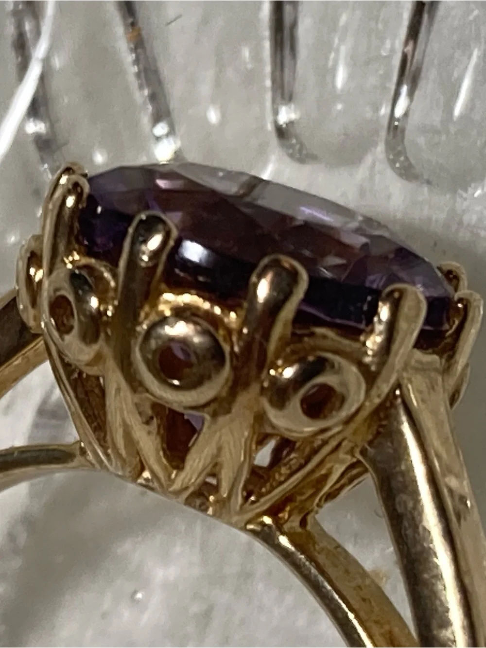 Vintage SS Gold Colored Ring with Purple Round Gemstone